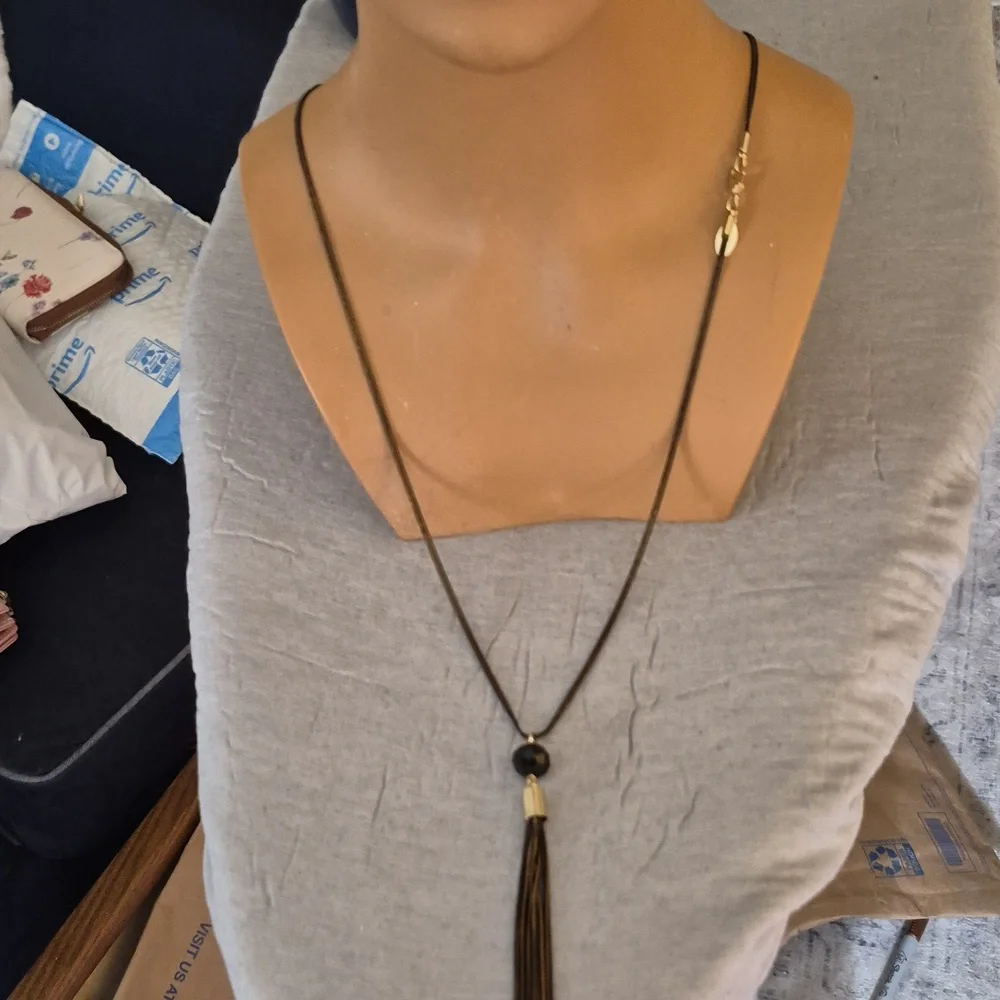 LOFT  Boho Long Tassel Black Crystal Bead Pendant Sweater Necklace 30